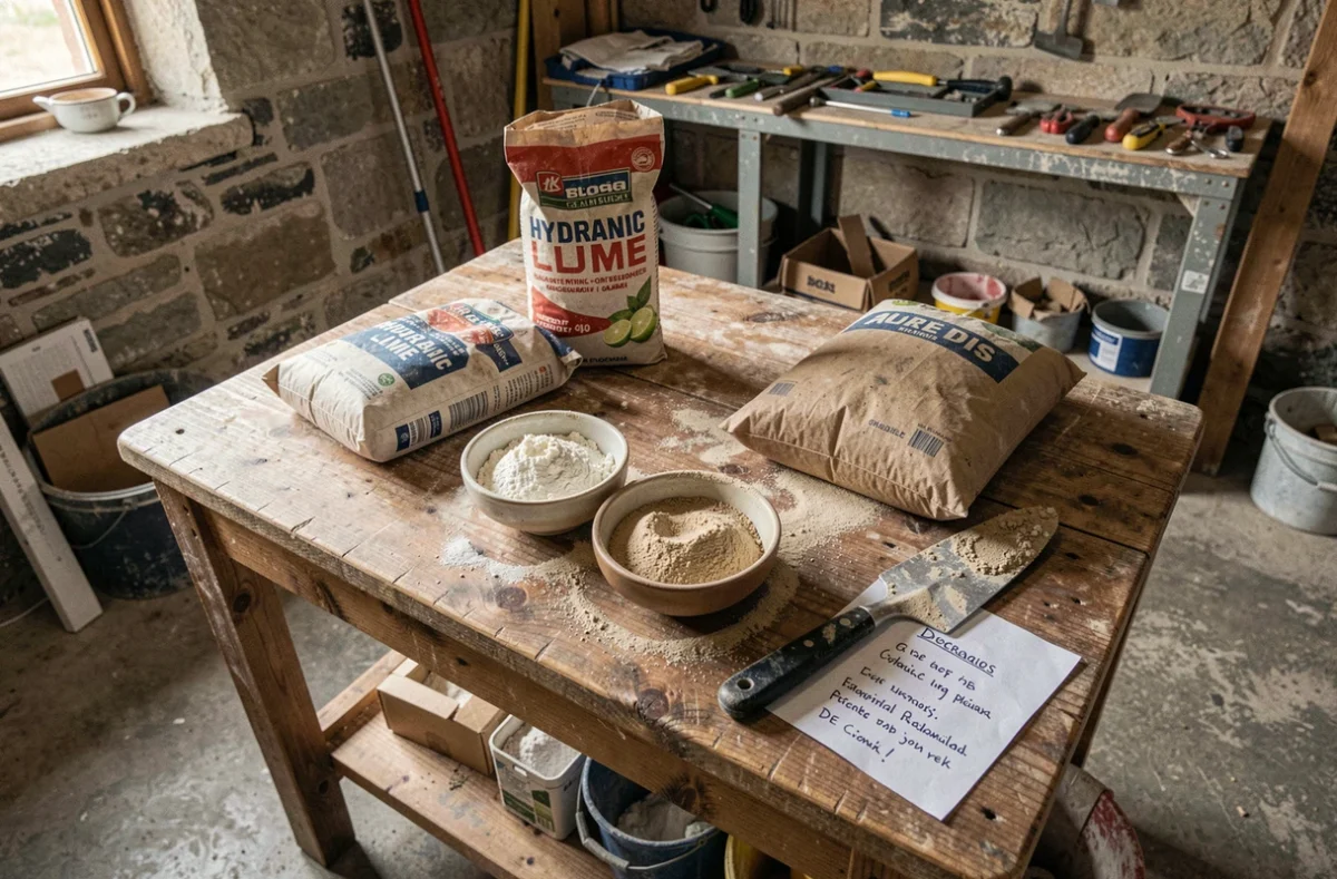 Plan de travail d'artisan avec deux mélanges de chaux sable comparés, sac de chaux hydraulique et outils pour corriger un dosage de joint