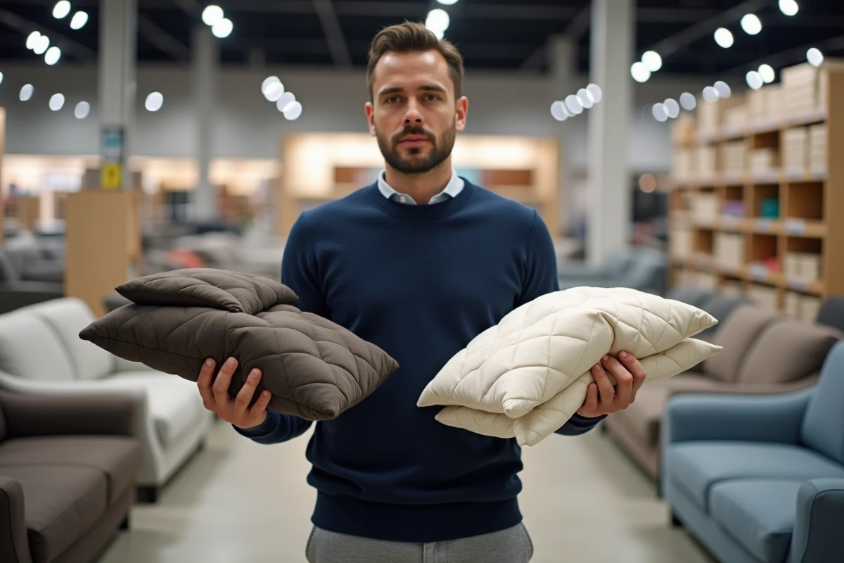 Homme comparant deux housses de canapé d'angle en magasin pour éviter les erreurs de taille sur un modèle conforama