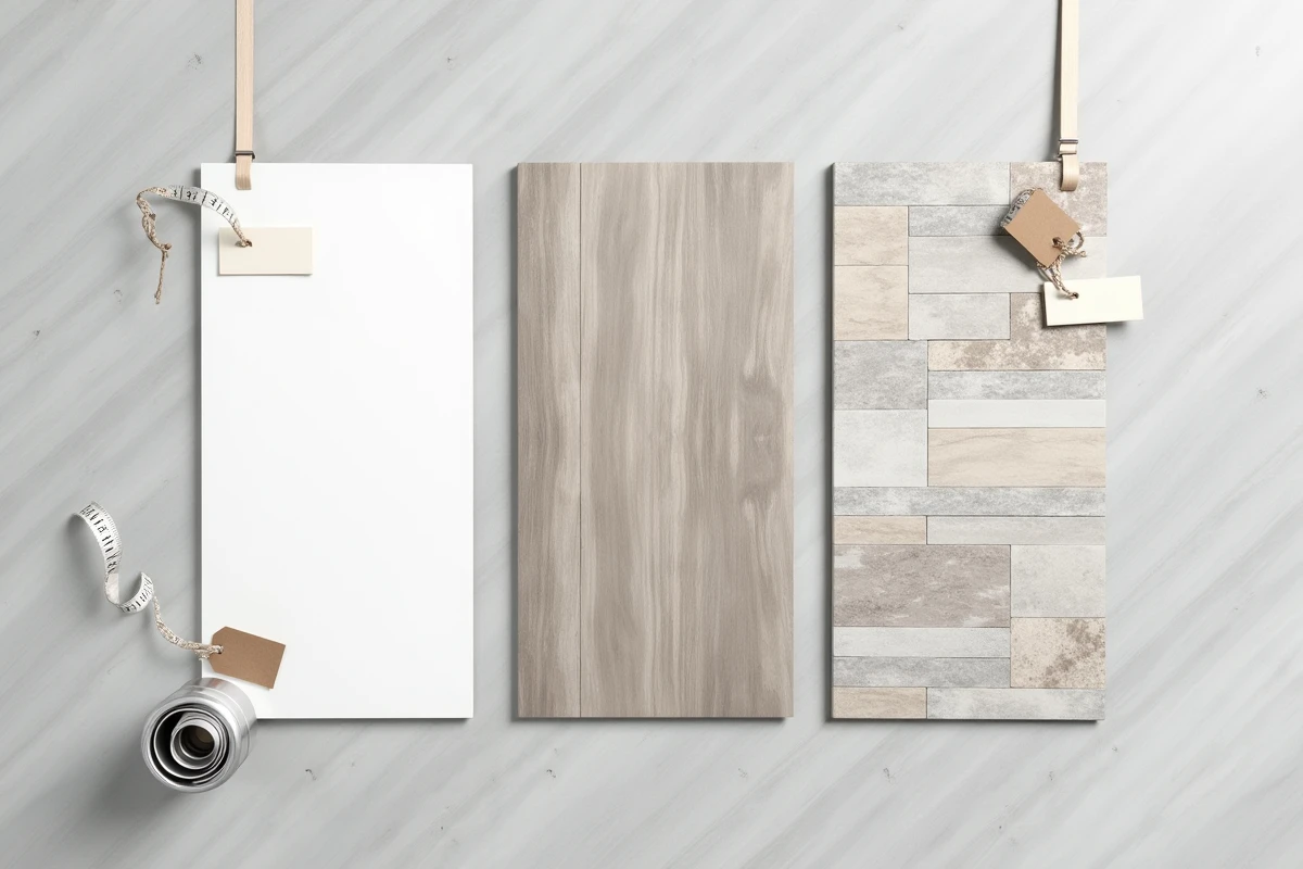 Comparatif de trois échantillons de matériaux pour plaques murales salle de bain : PVC blanc, effet bois et effet pierre