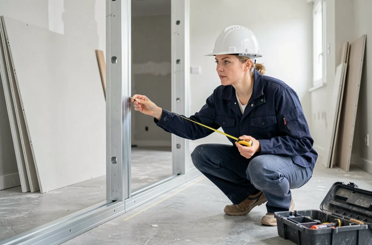 Conductrice de travaux mesurant l'entraxe de 60 cm d'une ossature double montant placo lors d'une rénovation intérieure