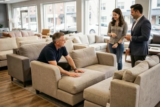 Conseiller en magasin Poltron et Sofa à Aubagne expliquant les caractéristiques d'un canapé beige à un couple de clients