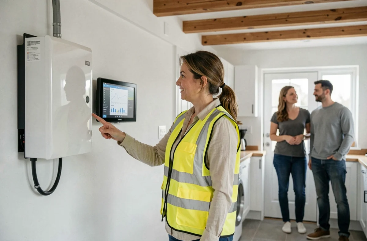 Conseillère en énergie solaire expliquant le fonctionnement d'un onduleur photovoltaïque à des propriétaires dans leur maison