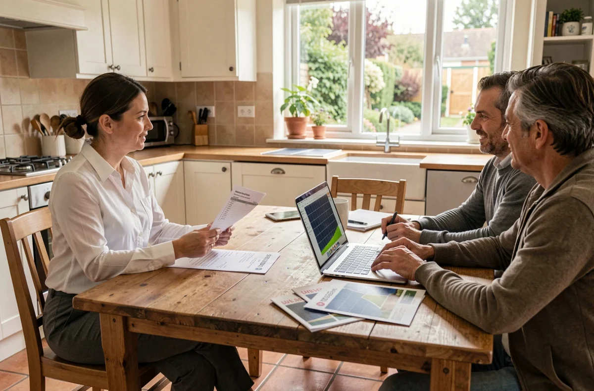 Conseillère en énergie solaire présentant des devis d'installation à un couple dans une cuisine moderne