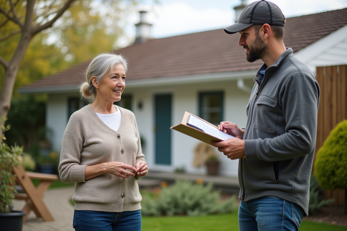 Femme propriétaire discutant avec un couvreur dans le jardin