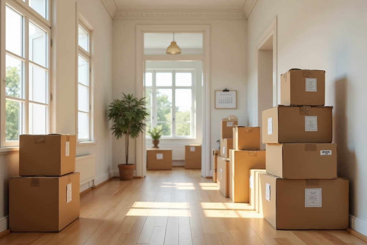 Couloir organisé avec cartons et calendrier de déménagement