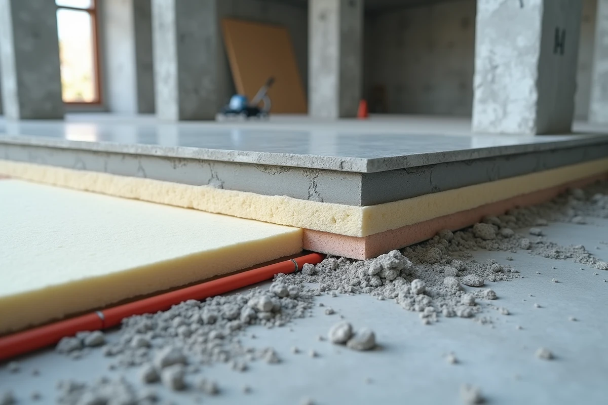 Coupe transversale d'un plancher chauffant montrant les couches d'isolant, tubes et chape avec épaisseurs mesurables