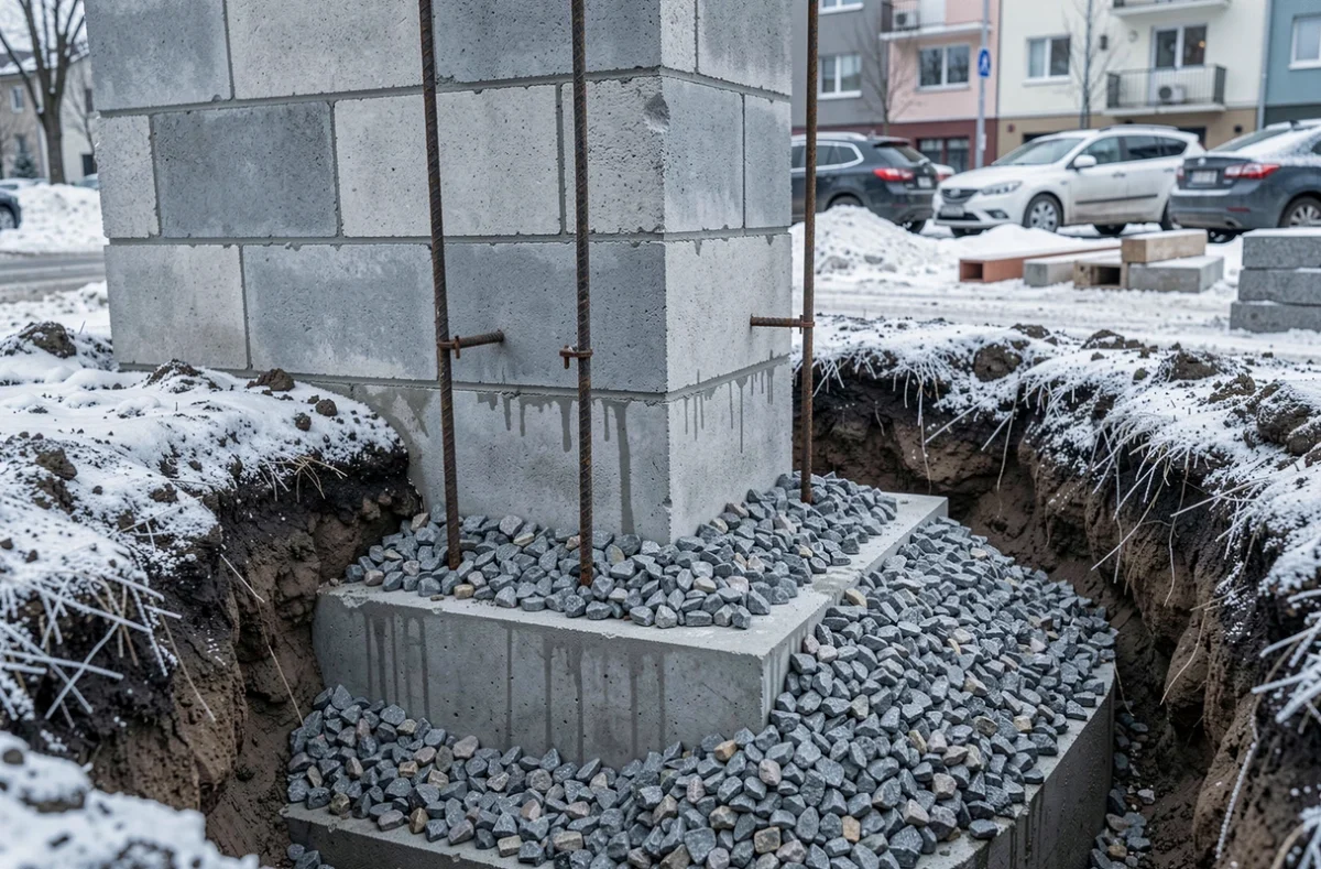 Coupe transversale d'une fondation de mur de clôture avec lit de gravel et armature en acier en hiver