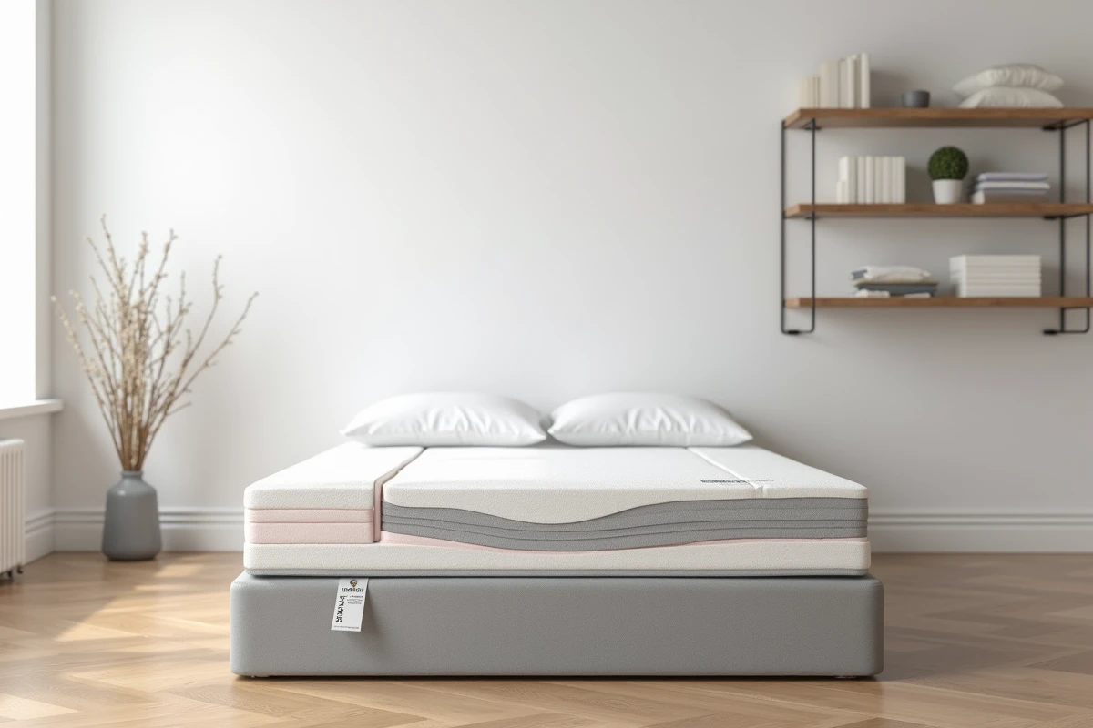 Coupe transversale d'un matelas Technilat en mousse exposé en showroom montrant les différentes couches de confort