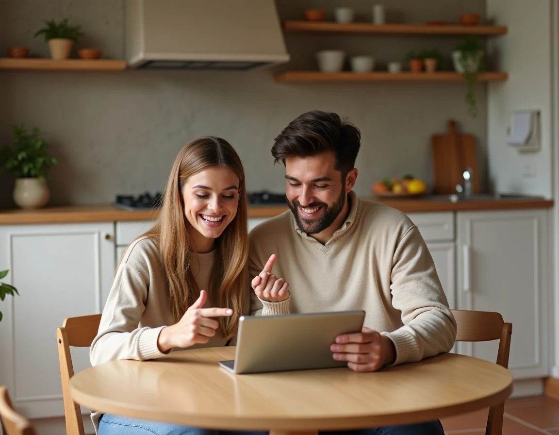 Couple consultant des codes promo de meubles sur une tablette attablé dans une cuisine moderne avec mobilier en bois clair
