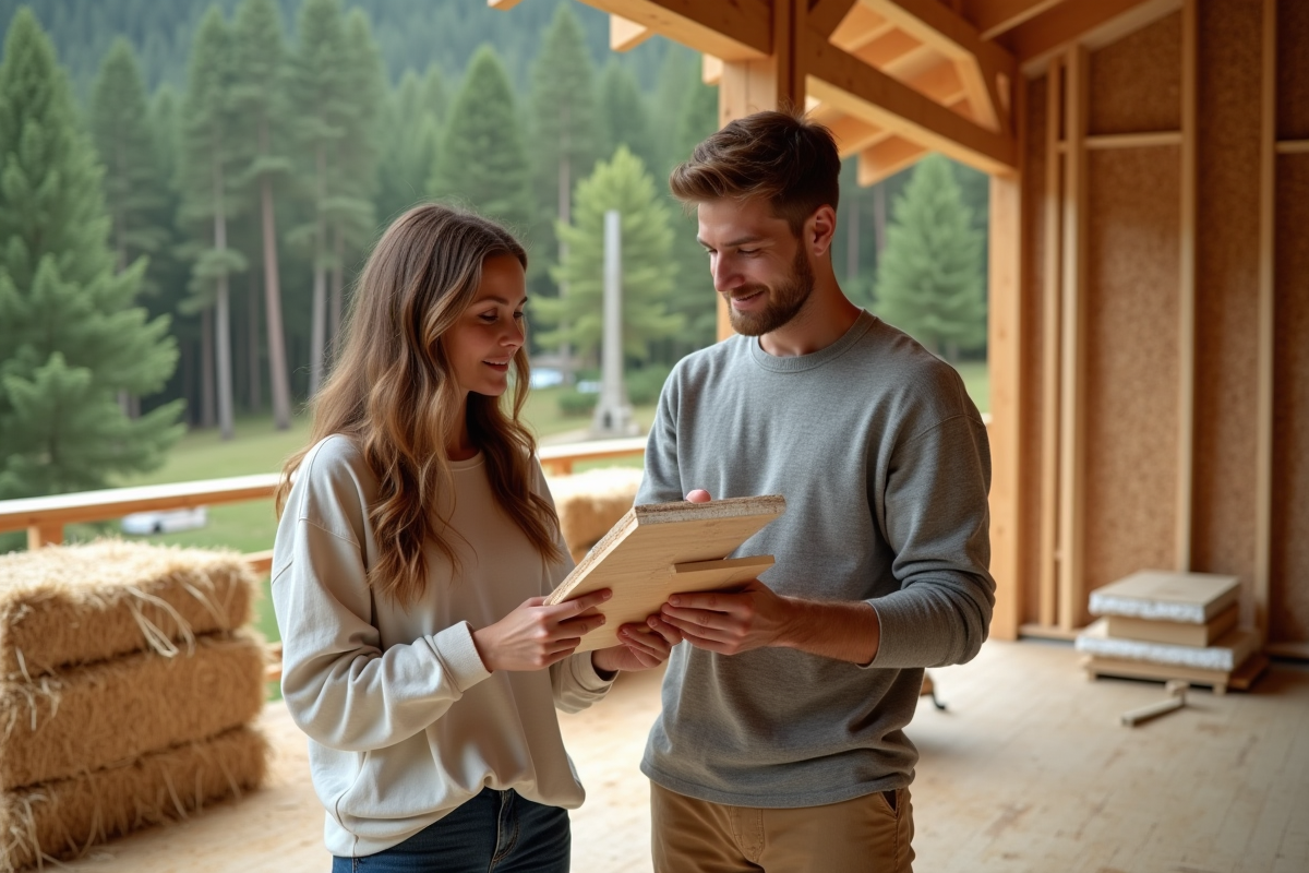 Jeune couple examine matériaux de construction bio