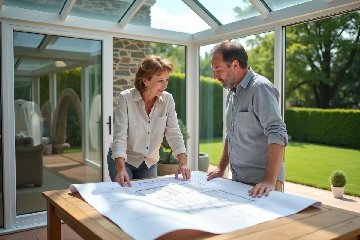 Couple discutant des plans de leur véranda avec une entreprise comme Véranda Du Trégor, à l'intérieur d'une véranda en aluminium blanc adossée à une maison bretonne