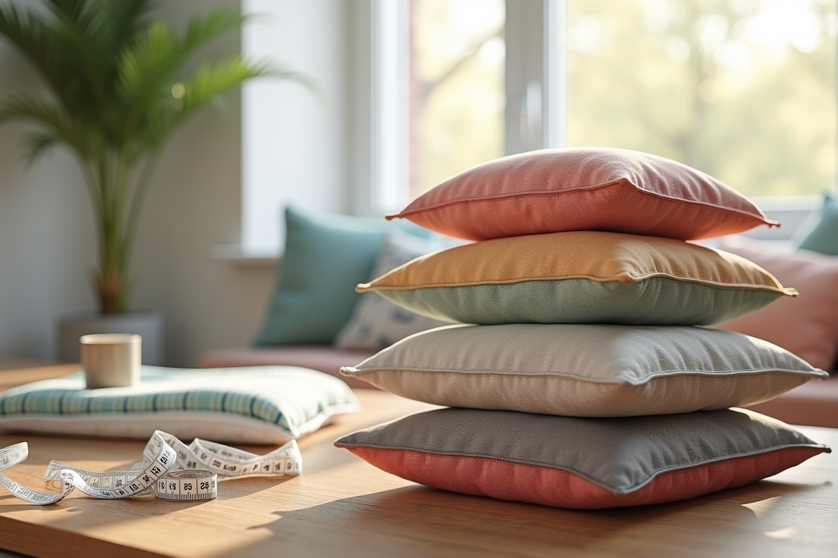 Coussins colorés empiles avec tissus et ruban de mesure