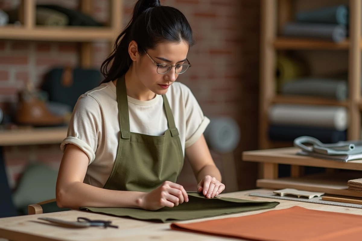 Couturière en atelier évaluant l'épaisseur d'un tissu coton enduit pour la fabrication d'un sac artisanal