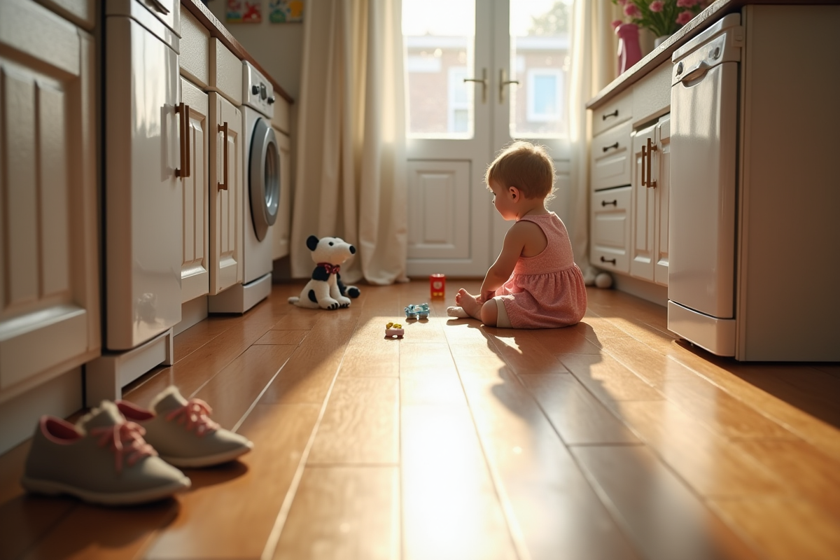 Cuisine chaleureuse avec sol en bois et enfant jouant