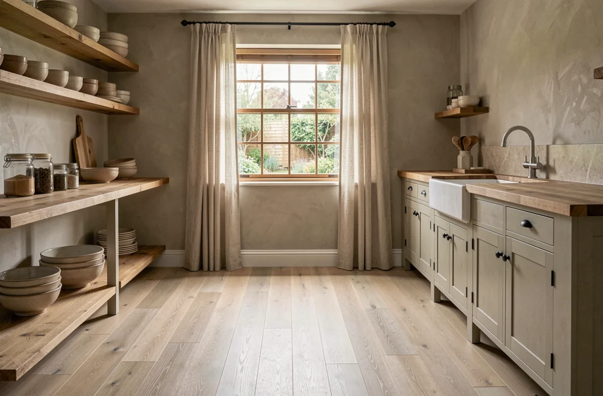Cuisine rustique moderne avec parquet en frêne brossé et finition laque satine protectrice, vue d'ensemble