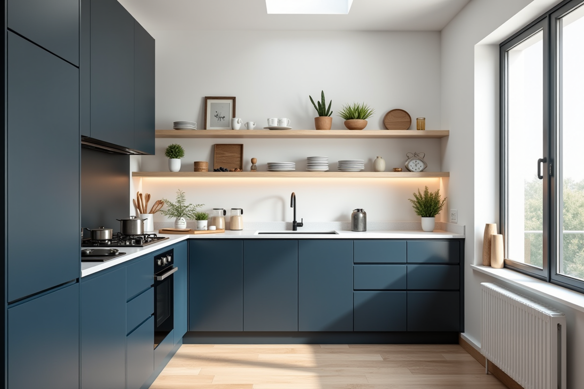 Cuisine scandinave bleu marine et blanc avec lumière naturelle
