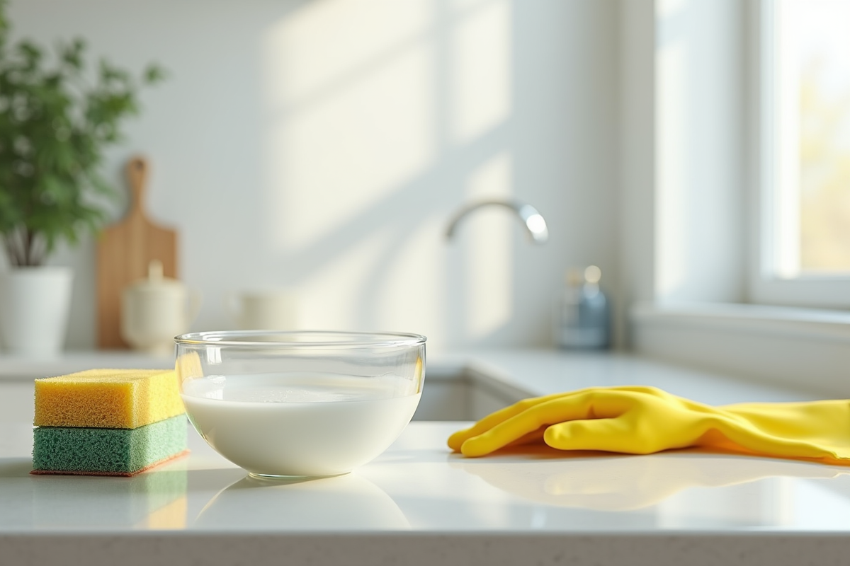 Étagère de cuisine avec vinaigre blanc et éponges pour nettoyage