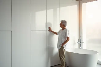 Femme inspectant une dalle murale PVC étanche dans une salle de bain moderne avec baignoire et carrelage en béton poli