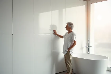 Femme inspectant une dalle murale PVC étanche dans une salle de bain moderne avec baignoire et carrelage en béton poli