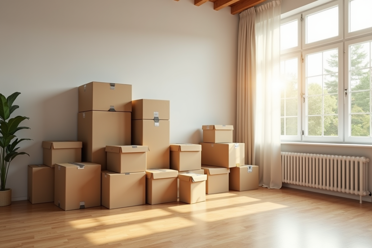 Paquetage de cartons et meubles démontes dans un salon lumineux