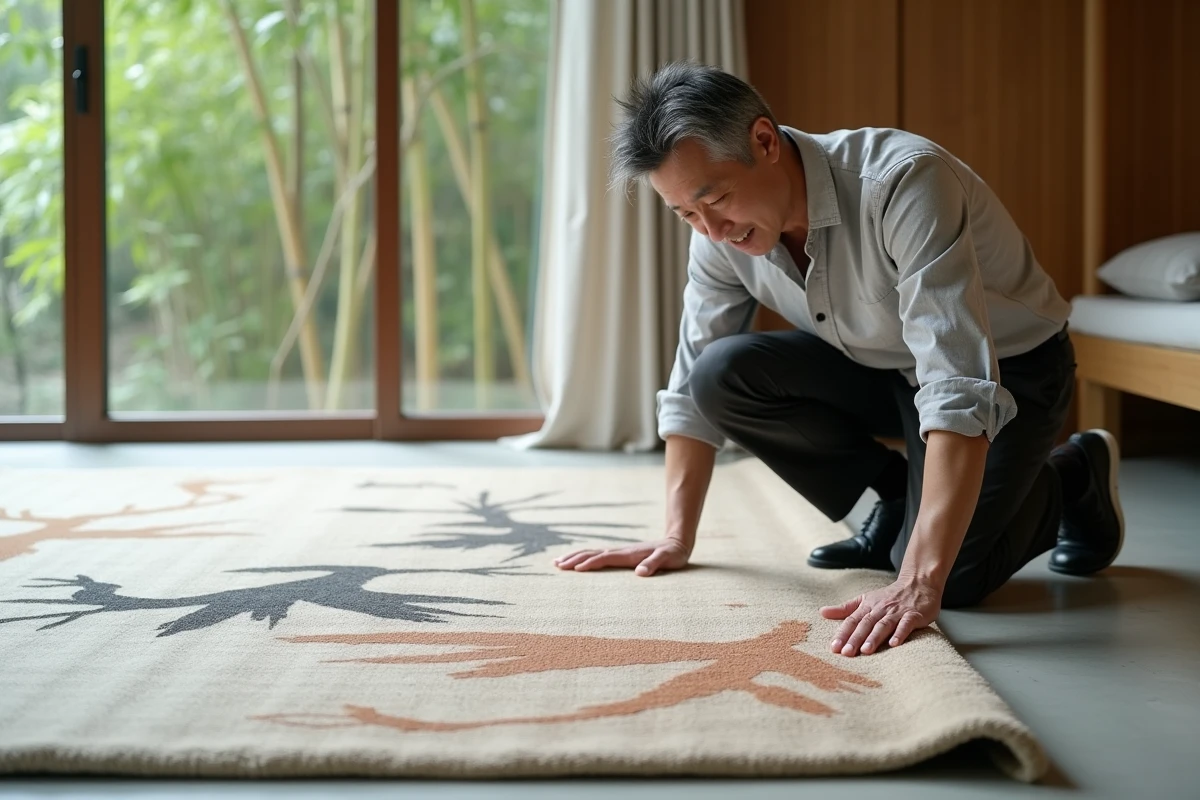 Designer d'intérieur posant un tapis japonisant sur mesure à motif sumi-e dans un salon contemporain japandi