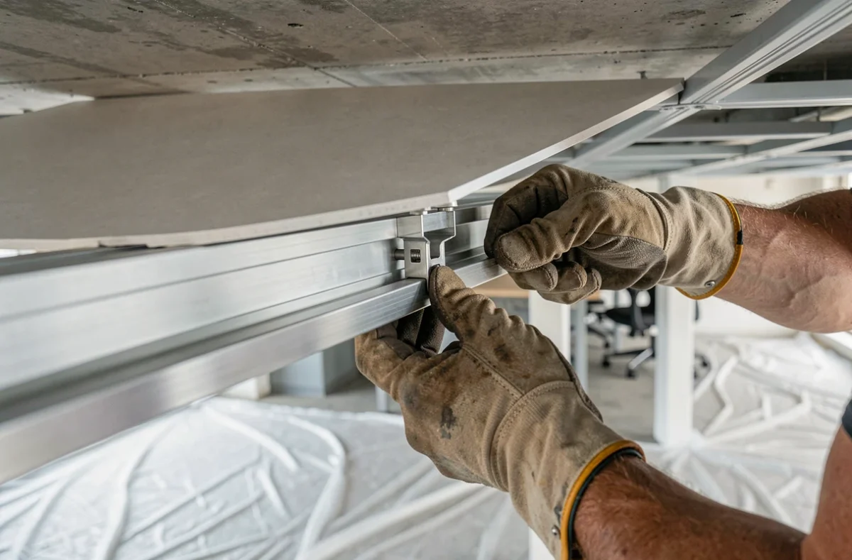 Gros plan sur la pose d'une dalle de faux plafond sur ossature en T dans un bureau en travaux