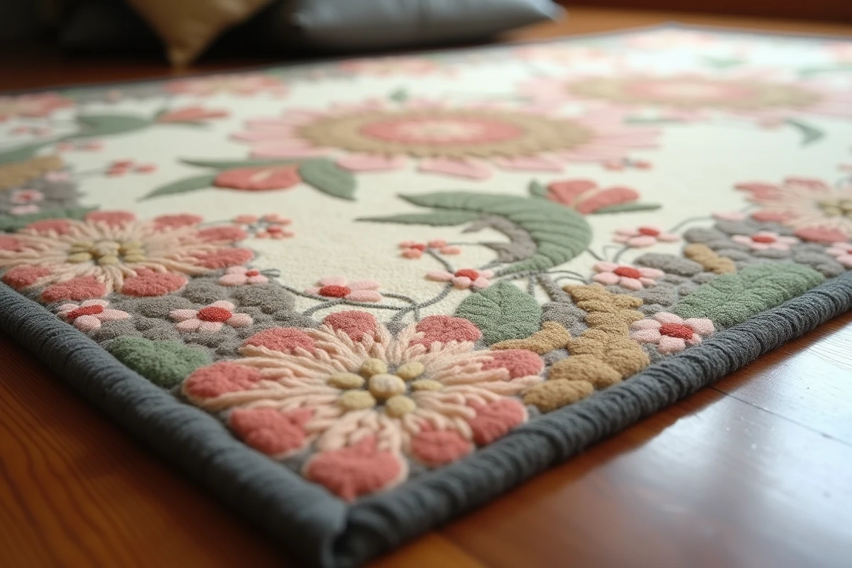 Détail macro d'un tapis japonisant fait main avec motifs carpe koï et fleurs de cerisier en laine tissée