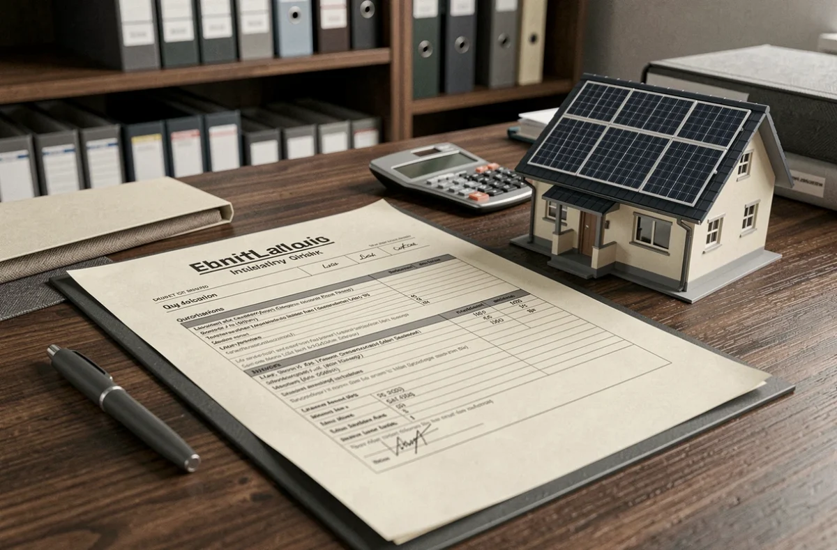 Devis d'installation de panneaux solaires sur un bureau avec maquette de maison et calculatrice