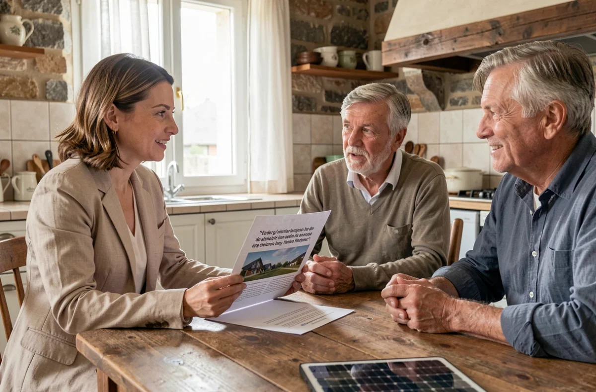 Conseillère en énergie solaire présentant un devis à des propriétaires à Roanne
