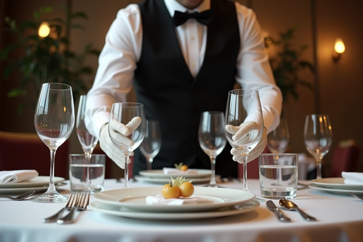 Maître d'hôtel en gants blancs disposant des verres autour d'une assiette lors d'un service à l'assiette gastronomique