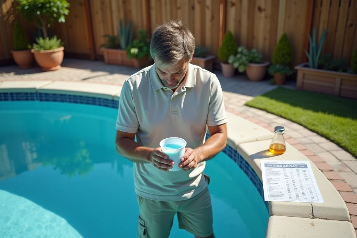 Homme dosant le chlore liquide dans une piscine hors sol avec tableau de référence posé sur le rebord