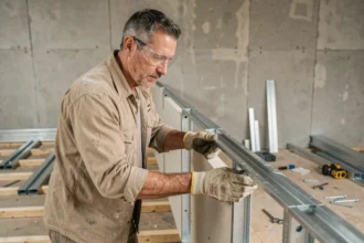 Ouvrier alignant un double montant en acier galvanisé sur une ossature placo avec entraxe de 60 cm en chantier intérieur