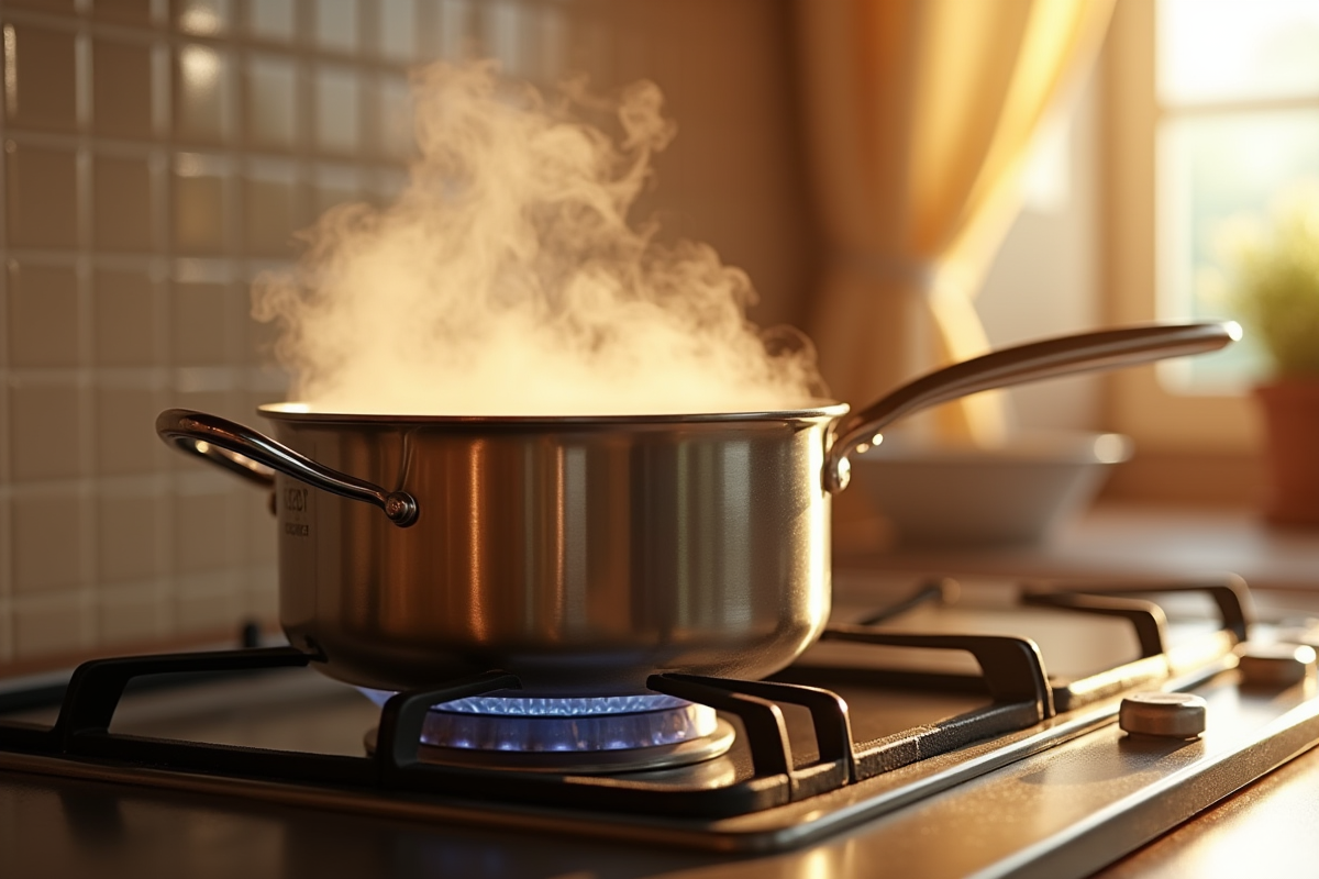 Eau bouillant dans une casserole en cuisine chaleureuse