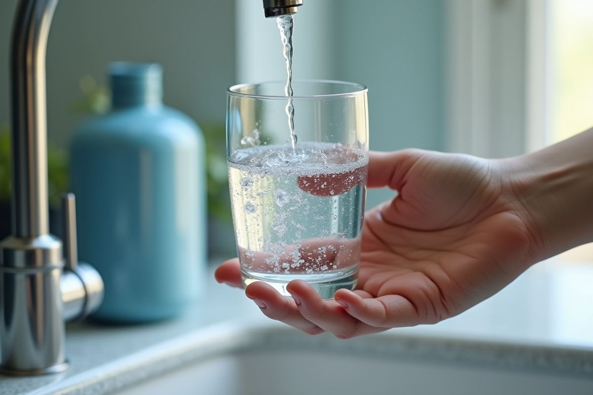 Main tenant une eau claire avec filtration en arrière-plan