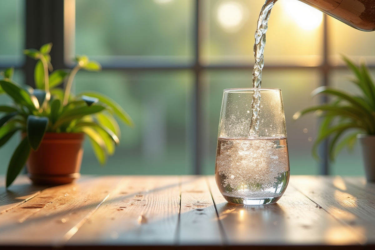 Eau versée dans un verre sur une table en bois avec jardin en arrière-plan