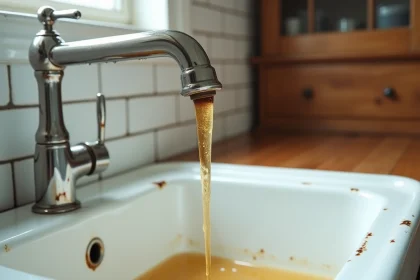 Eau du robinet de couleur jaune-brune s'écoulant dans un évier de cuisine blanc avec traces de rouille