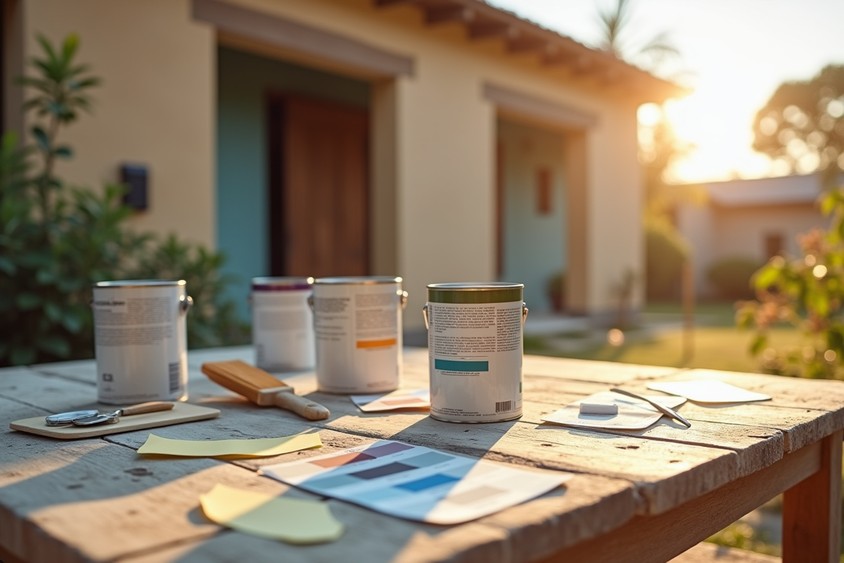 Echantillons de peinture et pots devant une vieille maison