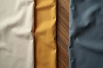 Échantillons de tissu coton enduit posés à plat sur bois brut, montrant différentes textures et grammages pour sacs et pochettes