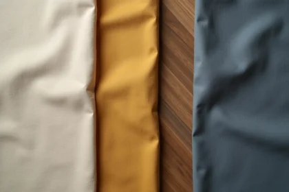 Échantillons de tissu coton enduit posés à plat sur bois brut, montrant différentes textures et grammages pour sacs et pochettes