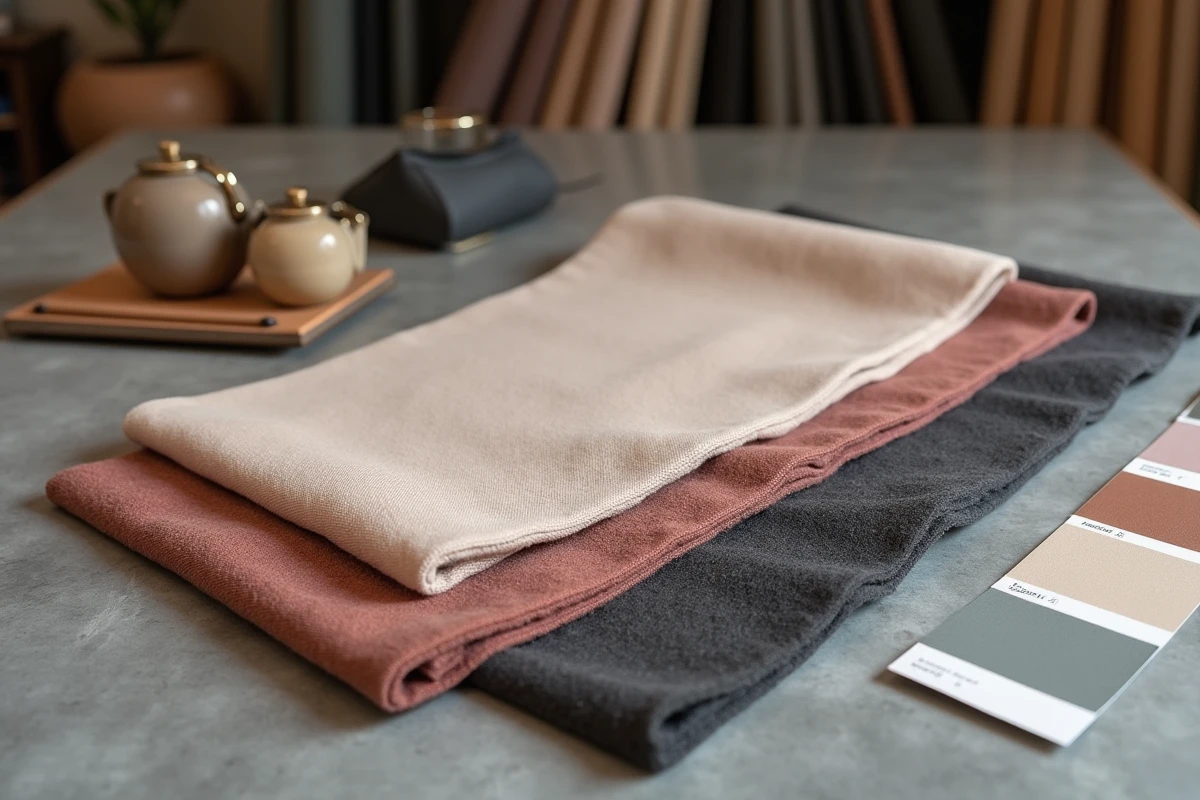 Échantillons de tissus coordonnés — velours rose, bouclé beige et laine anthracite — disposés en flat-lay sur plan de travail en béton dans un studio de design intérieur