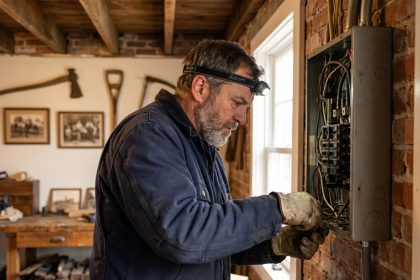 Photographie hyperréaliste d'un électricien inspectant un panneau électrique dans une ferme