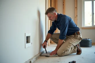 Électricien installant une prise télé encastrée dans le mur d'une maison neuve en construction