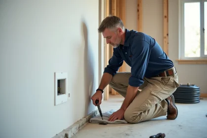 Électricien installant une prise télé encastrée dans le mur d'une maison neuve en construction