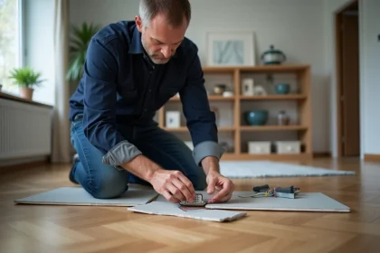 Homme moyenâgeux connectant des dominos électriques au plafond
