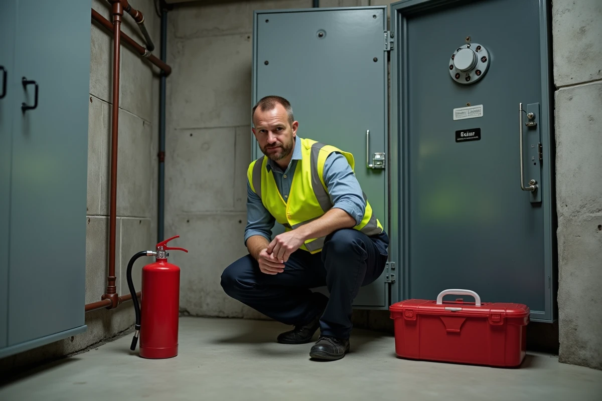 Électricien inspectant un tableau électrique avec extincteur au sol, prévention incendie électrique et conseils assureurs