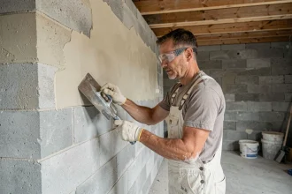 Artisan appliquant de l'enduit au taloché sur un mur en parpaing brut à l'intérieur d'une pièce en rénovation