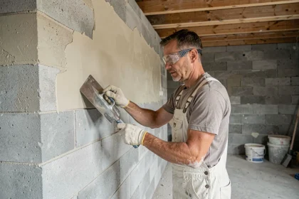 Artisan appliquant de l'enduit au taloché sur un mur en parpaing brut à l'intérieur d'une pièce en rénovation