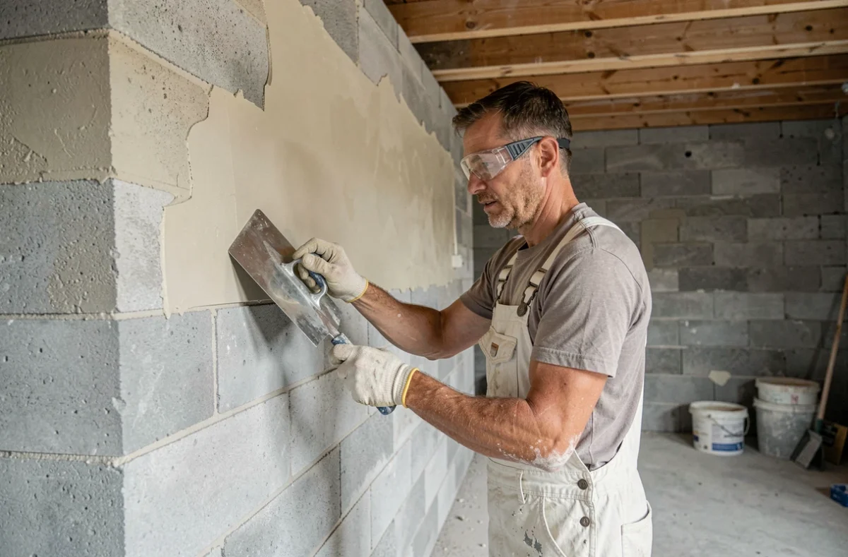 Artisan appliquant de l'enduit au taloché sur un mur en parpaing brut à l'intérieur d'une pièce en rénovation