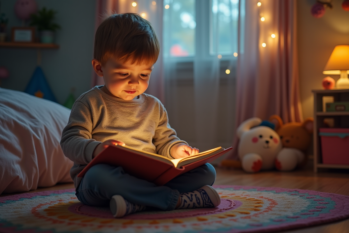 Enfant assis écoutant une histoire au sol dans une chambre