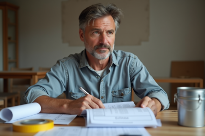 Hommes en rénovation examinant un devis dans un appartement